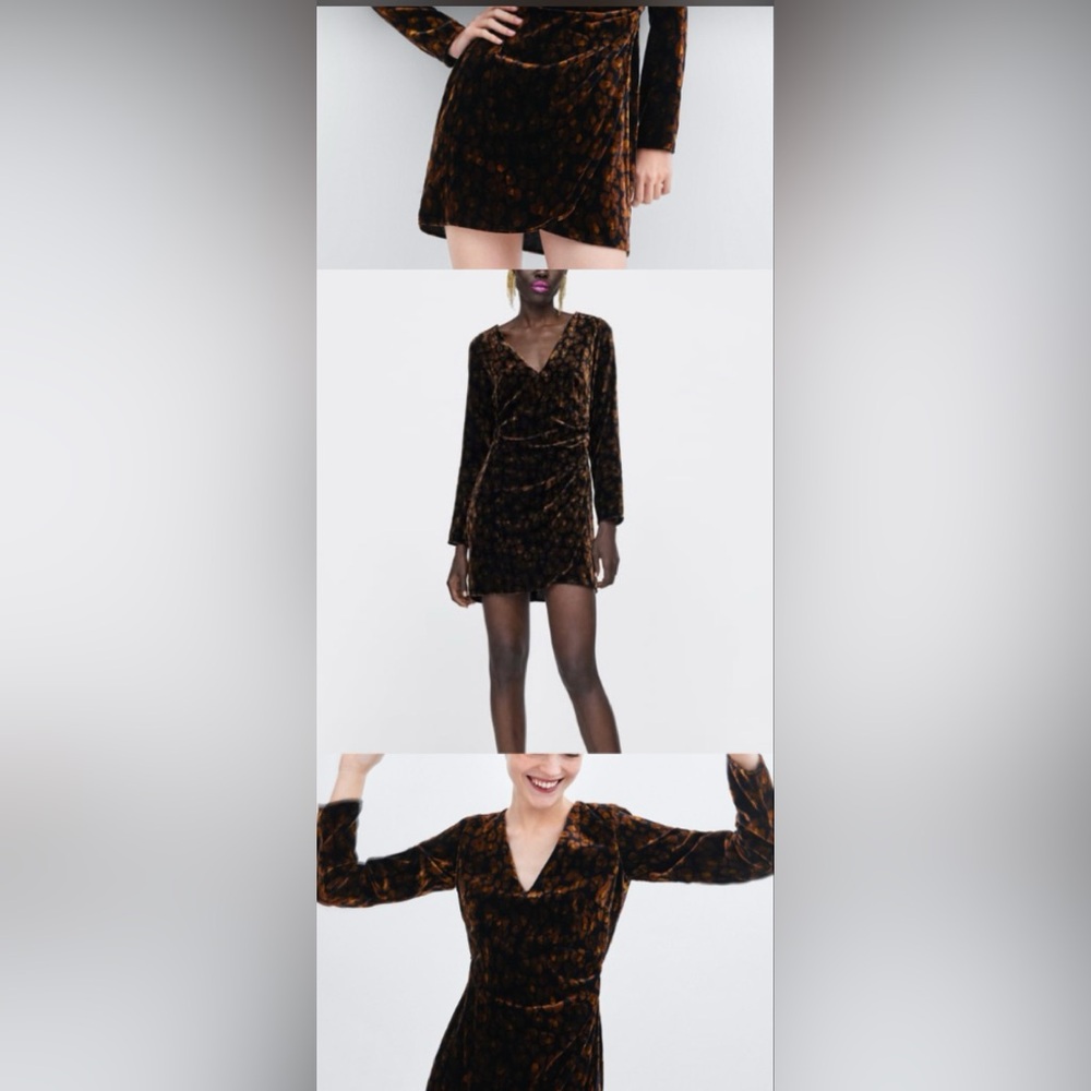Zara TRF collection black and bronze velvet rouched wrap dress size‎ small
